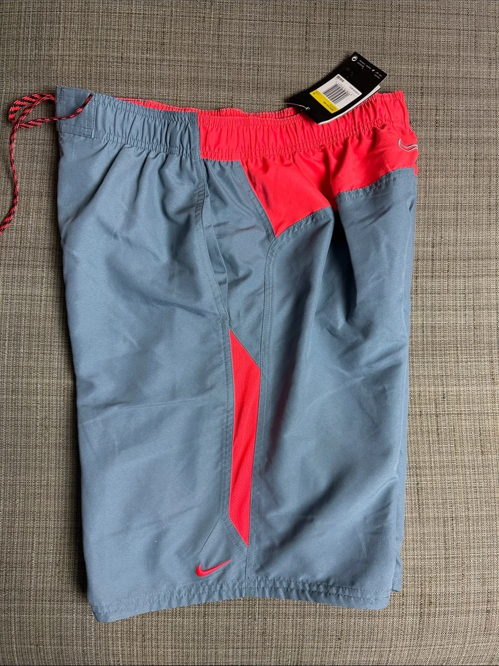 NWT Nike Men's Gray & Neon Red Swim Trunks size M Medium